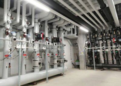 Professionell isolierte Industrie-Rohrleitungen in einem modernen Technikraum mit Heizungs- und Pumpensystemen