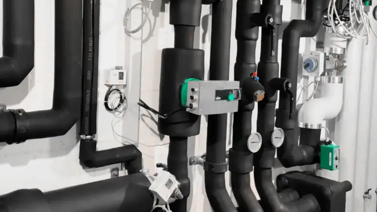 Schwarz isolierte Kälte- und Heizleitungen mit Armaturen in einem Technikraum.